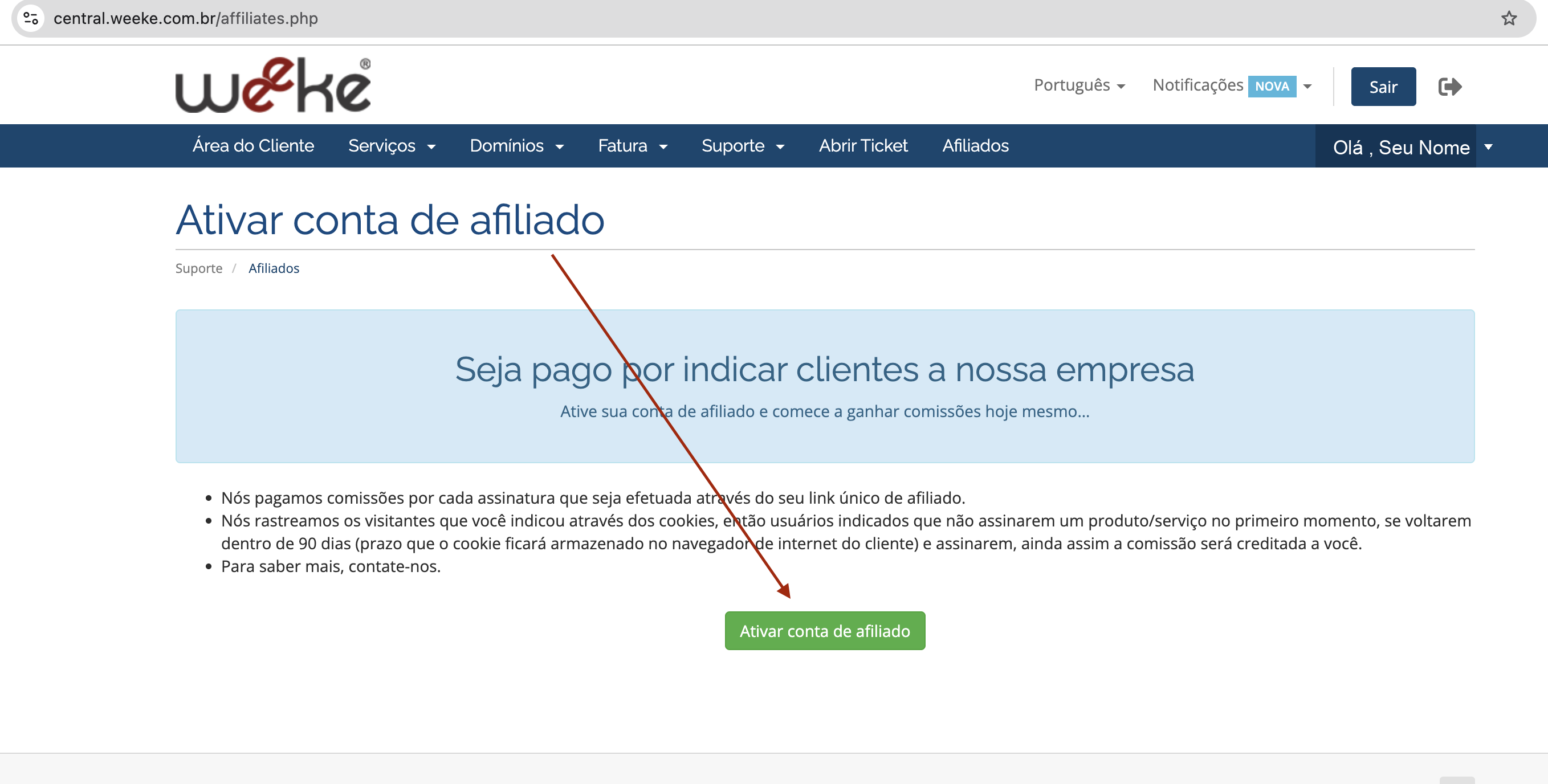 Tela da Central do Cliente mostrando o botão verde para ativar conta de afiliado